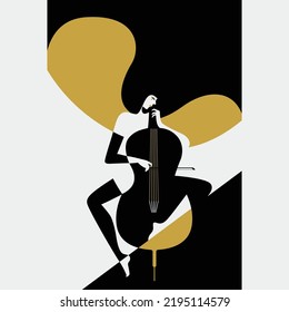 woman in pop art style on abstract music background. Colorful jazz poster with contrabass.