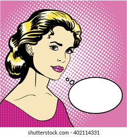 Woman in pop art style with speech bubble. Retro comics. Vector art