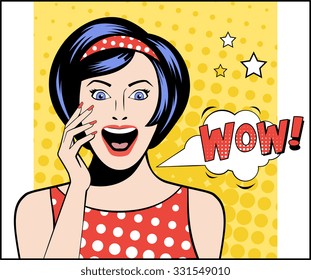 Woman in Pop Art style with WOW sign. vector illustration