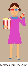 woman with popcorn in stereo glasses