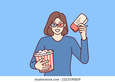 Woman with popcorn and tickets for cinema invites to visit interesting new blockbuster this weekend. Happy girl in 3d cinema glasses rejoice at opportunity to watch new film with special effects