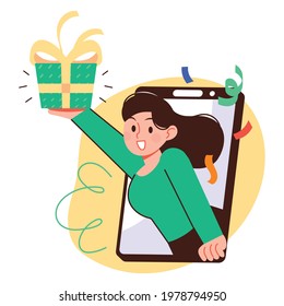 A woman pops out of the screen of a smartphone and hands a gift. Smartphone application event gift concept vector illustration.