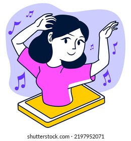Woman pops out of smartphone. Dancing illustration concept of leisure and having fun on social media