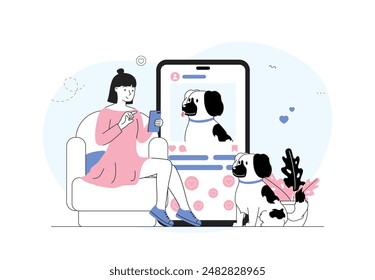 Woman with popular dog. Young girl posts photos of puppy on social networks and instant messengers. Bloger with interesting content. Linear vector illustration isolated on white background