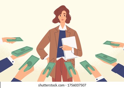 Woman popular specialist with money at human hands vector flat illustration. Female demanded professional hold laptop isolated. Concept of skilled, qualification, opportunity and suggestions