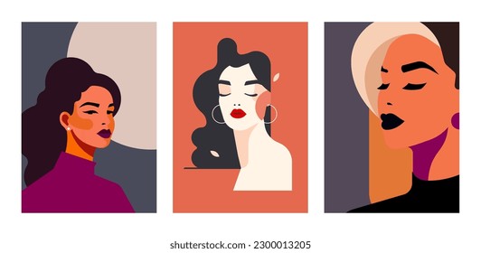 Woman portrait abstract pop art fashion strong romantic silhouette pastel paint poster set vector flat illustration. Female beauty head makeup minimalist contemporary artwork trendy feminine figure