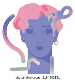 Woman portrait with abstract shapes. Artificial intelligence, cyber consciousness, hi tech innovation, futuristic technology. Flat vector illustration.
