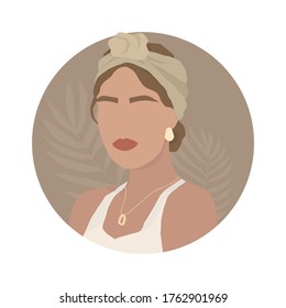 Woman portrait with accessories on the head. Makeup, jewelry, stylish outfits for the holidays. Minimalist modern illustration. Drawing art print, boho style. Background with leaves of tropical plants