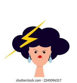 Woman portrait. Angry lady, female. Cloud lightning thunder hairstyle. Rain drop earring. Young girl face. Depressed person. Black hair. Cute cartoon character. Flat design. White background. Vector