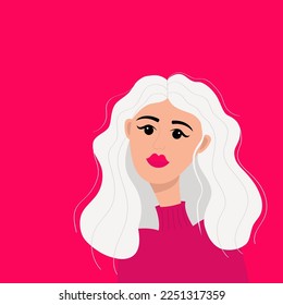 Woman portrait. Beautiful lady, female. Young girl face. Blonde curly hairstyle. Long white hair. Avatar for social networks. Pink lipstick makeup. Right side. Flat design. Pink background. Vector