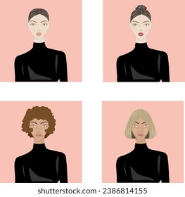Woman Portrait in Black with face and hair stle pink back ground
