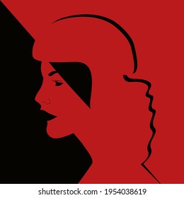 Woman portrait black and red. Surreal contemporary portrait. Girl face side view. Modern vector illustration