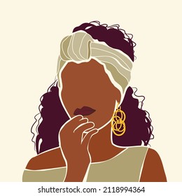 Woman portrait in boho style or paper cut appliqué. Image of a woman with long dark hair tied with a headscarf or scarf for an avatar. Character to create various concepts and designs