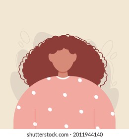 Woman portrait. Brunette African-American girl avatar with curly hair in pink clothes. Female vector illustration.