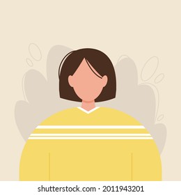 Woman portrait. Brunette girl avatar in yellow clothes with short hair. Female vector illustration.