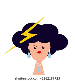 Woman portrait. Cloud lightning thunder hairstyle. Rain drop earring. Young girl face. Angry lady, female. Depressed person. Black hair. Cute cartoon character. Flat design. White background. Vector