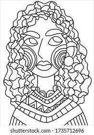 Woman portrait coloring book page. Serious face female portrait. Cartoon young woman with curvy hair stock vector illustration. Black outline isolated on white. Pretty afro-american girl ornament page