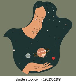 Woman portrait in cosmos holding planets in hand. Female character with closed eyes surrounded by stars and meteors, asteroids and celestial bodies. Outer space and universe, vector in flat style