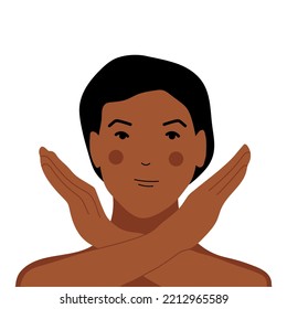 Woman portrait with crossing hands. Symbol of protest, no war. Vector illustration