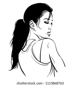 Woman portrait. Digital sketch hand drawing vector. Black and white style. Illustration.