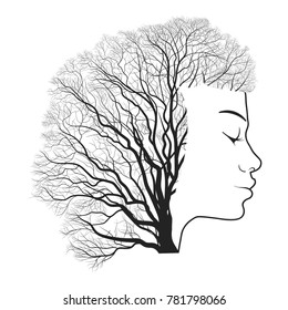 Woman portrait with double exposure, face profile silhouette and autumn tree branches. Vector