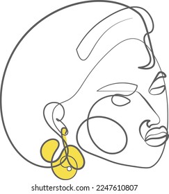 Woman portrait with earrings drawing in modern abstract continuous line art style