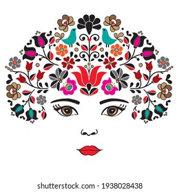 Woman portrait face with Hungarian motif vector illustration.