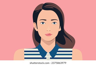 Woman portrait face - Vector illustration of young good looking female person with brown long hair and serious facial expression. Personas concept, in flat design