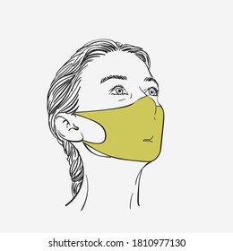 Woman portrait in fashion medical face mask looking up, Coronavirus prevention. Hand drawn linear illustration, Vector sketch isolated