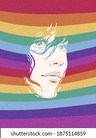 Woman portrait. Female face. LGBT flag. Rainbow background