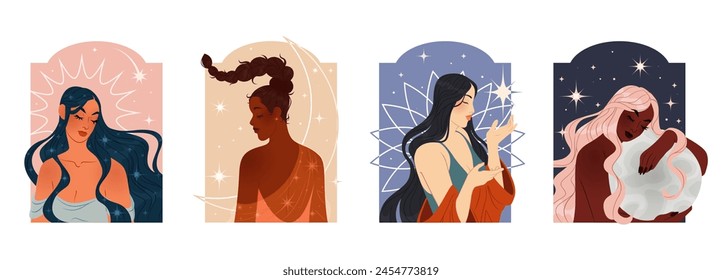 Woman portrait. Female young faces. Magic hair. Night sleep. Dreaming girls. Modern style. Witch beauty. Sky moon and stars. Esoteric astrology. Mystic abstract background. Vector creative posters set