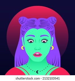 Woman portrait. Flat cartoon girl face, hand drawn avatar of trendy young girl, modern character. Vector illustration