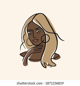 Woman portrait in freehand style. Abstract contemporary fashion illustration. Black girl with blonde hair. Vector