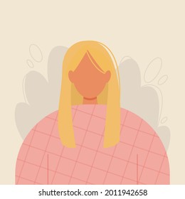 Woman portrait. Girl avatar in pink clothes with blond, straight long hair. Female vector illustration.