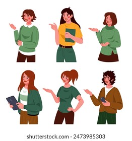 Woman portrait. Girl showing with hand. Pointing gesture. Ecological energy. Confident employee explaining or presenting project. Smiling young female with smartphone and tablet. Vector people set