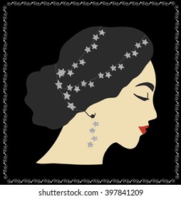Woman portrait with glittering stars in hair. Wedding, bridal, fashion illustration