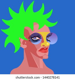 Woman portrait with green hair and yellow nose in modern abstract style. Vector illustration for your contemporary fashion design. Close-up transgender portrait on blue background