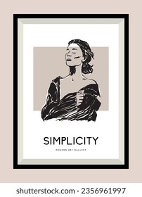 Woman portrait hand drawn illustration in a poster frame for wall art gallery