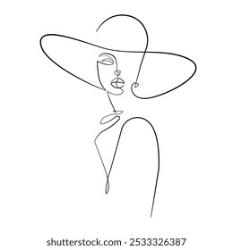 Retrato de mujer en sombrero Dibujo continuo de una línea. Silueta femenina Dibujo de una línea. Ilustración vectorial Estilo minimalista para el diseño moderno: Impresiones, arte de pared, carteles, redes sociales.	