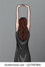 Woman portrait hipster style. Girl with long hair standing with her back. Modern girl coloring. Template for card, poster. banner, print for t-shirt, pin, badge, patch. Illustration in retro style
