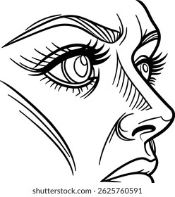 Woman Portrait Line Art Black And White Profile Face With Eyelashes And Nose