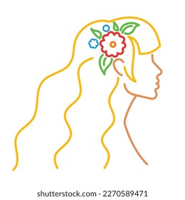 Woman portrait lineart style. Abstract girl silhouette, blooming flowers in long wavy hair. Romantic female blonde. Modern stylized illustration, outline thin stroke. Editable line