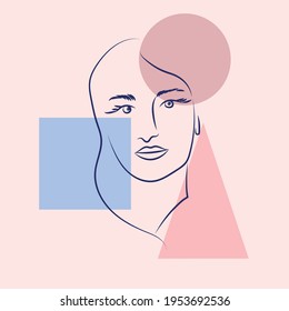 Woman portrait in modern abstract style. Hand drawn illustration for contemporary fashion design.