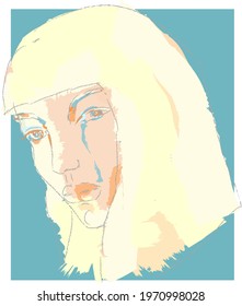 Woman Portrait with pencil and color patches. Tears