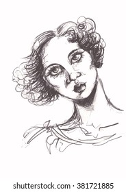Woman portrait with pencil drawing black lines. Hand drawn fashion girl face with serious looking.