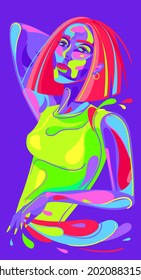 Woman portrait in pop art style.  Colorful woman portrait in wpap style.  Paint splatter. Vivid psychedelic image.