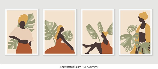 Woman Portrait Post With Monstera Leaf Wall Art Vector Set. Boho Earth Tone Line Art Drawing With  Abstract Shape. Abstract Plant Art Design For Prints, Cover, Wallpaper, Minimal And Modern Wall Art.