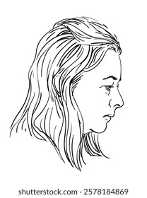 Woman portrait in profile with loose medium length hair looking down thoughtfully, Hand drawn Illustration, Vector sketch isolated female head