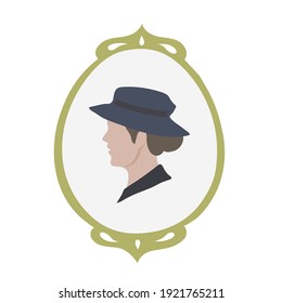 perfil de retrato femenino (sufragfragette) en marco vintage - ilustración plana vectorial. La dirección de las mujeres al estilo de los años 1910