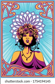 Woman Portrait and Rose Wreath Psychedelic Art Poster, Art Nouveau Frame